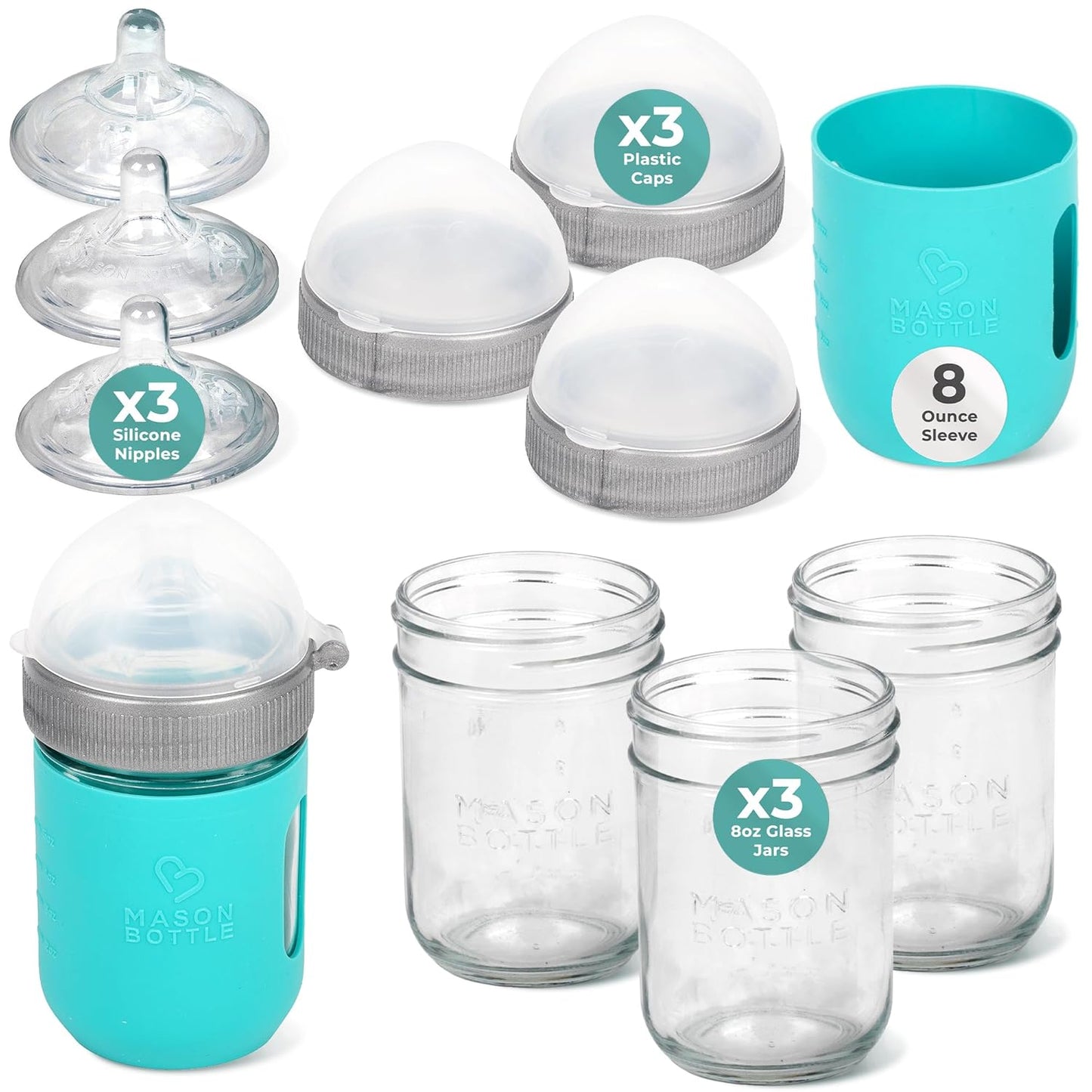 Mason Bottle Baby Glass Bottles Set 3X Cap+Ring, 1X Silicone Sleeve - BPA Free