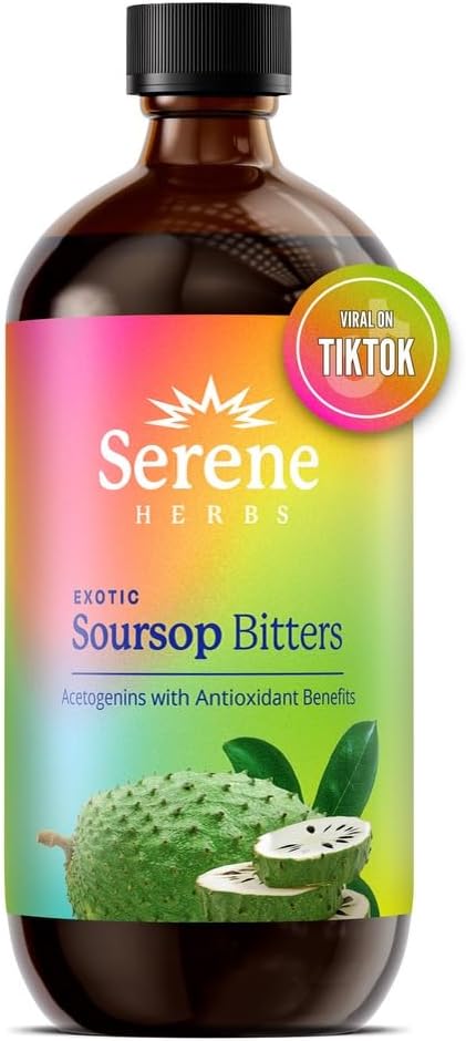 Serene Herbs Soursop Bitters Liquid with Soursop Leaves - Organic Herbal Blend with Black Seed, Moringa, Ashwaganda, Senna, Goat Weed & Ginger 16 Fl Oz |