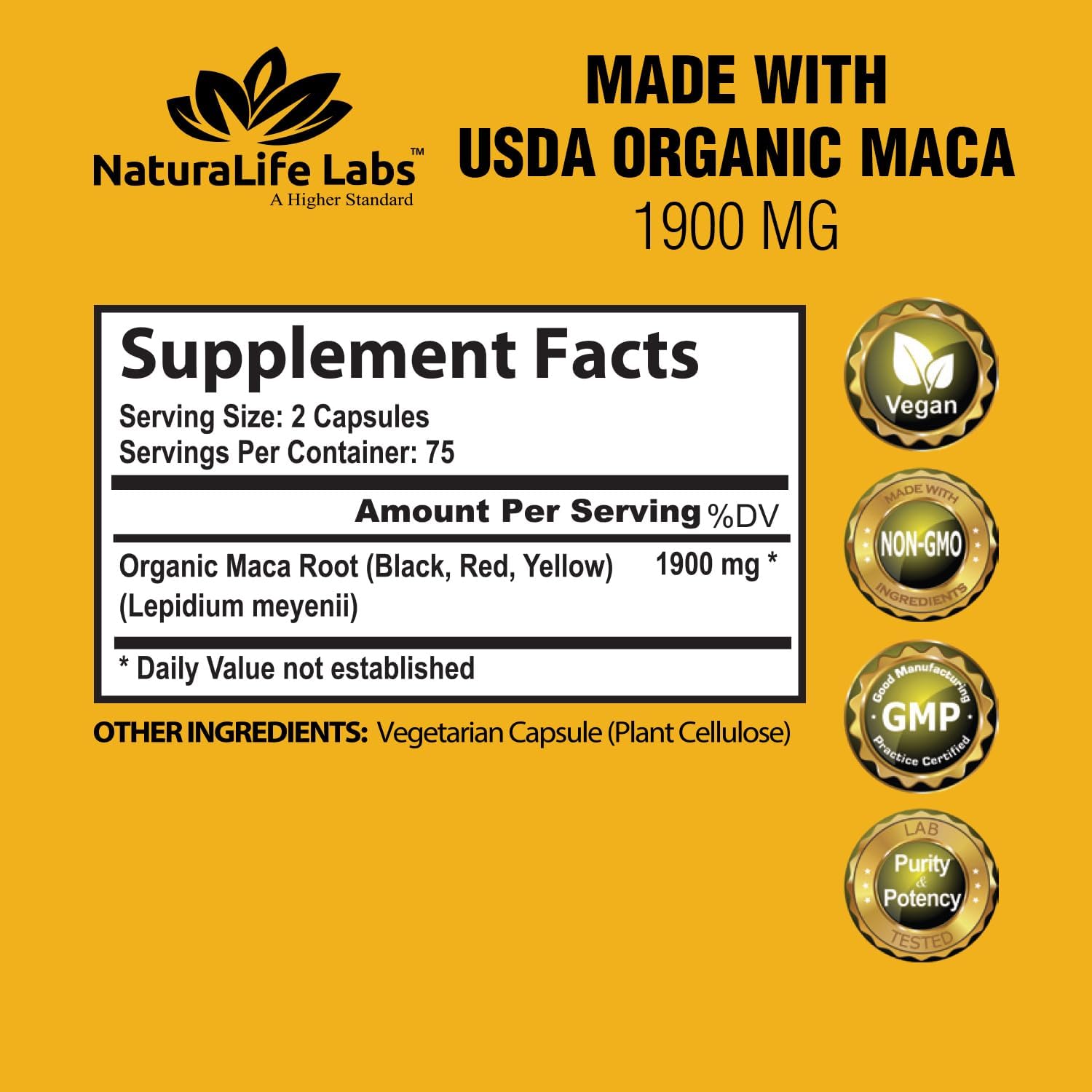 NaturaLife Labs Organic Maca Root 1900 MG per Serving - 150 Vegan Capsules 