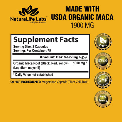 NaturaLife Labs Organic Maca Root 1900 MG per Serving - 150 Vegan Capsules 