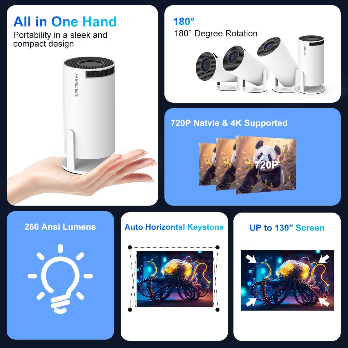 Magcubic Mini Portable Projector - 4K/260 Home Projector Built-In Android 11.0 OS