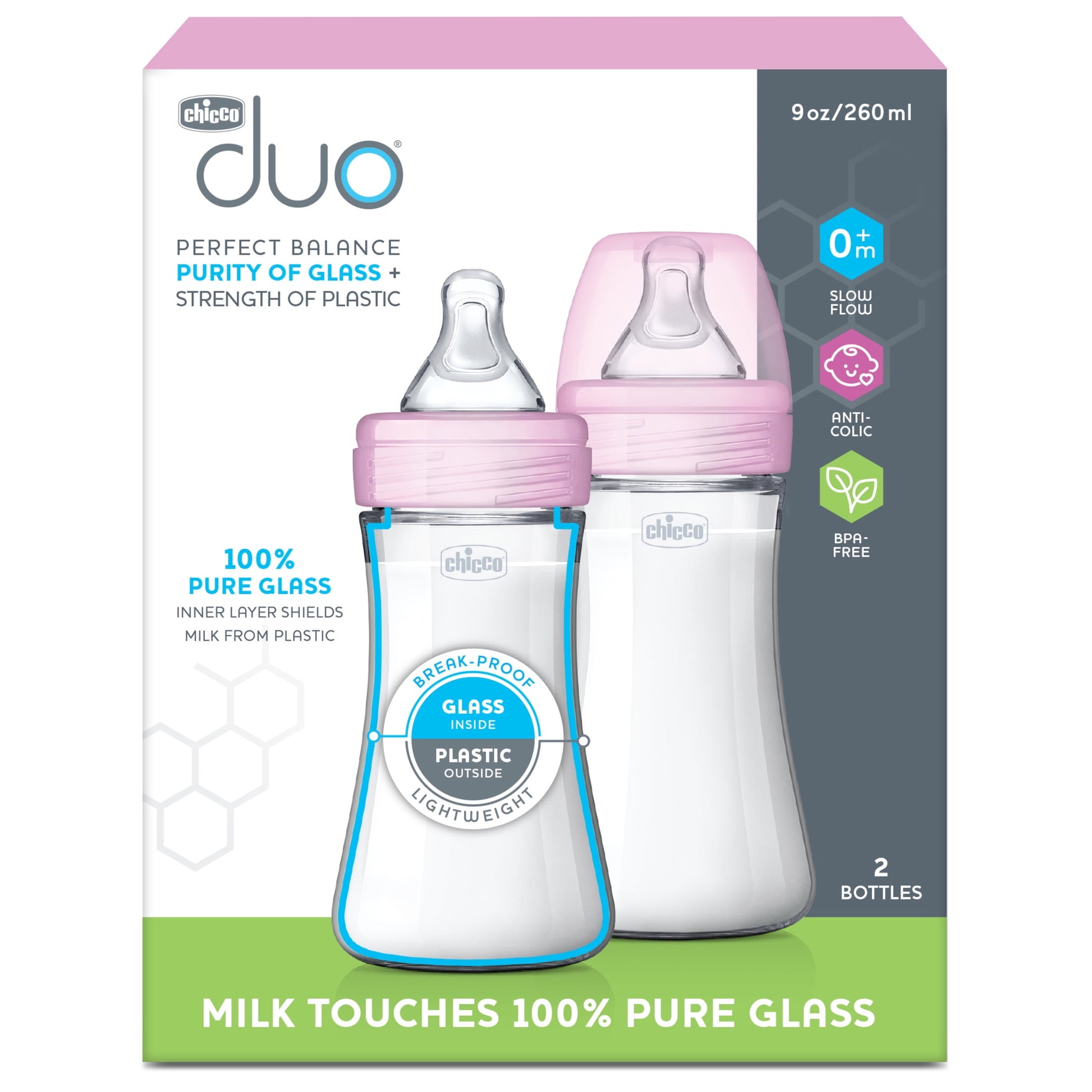 Chicco Duo Hybrid Baby Bottle, Invinci-Glass Inside/Plastic Outside, 9Oz, 2-Pack 