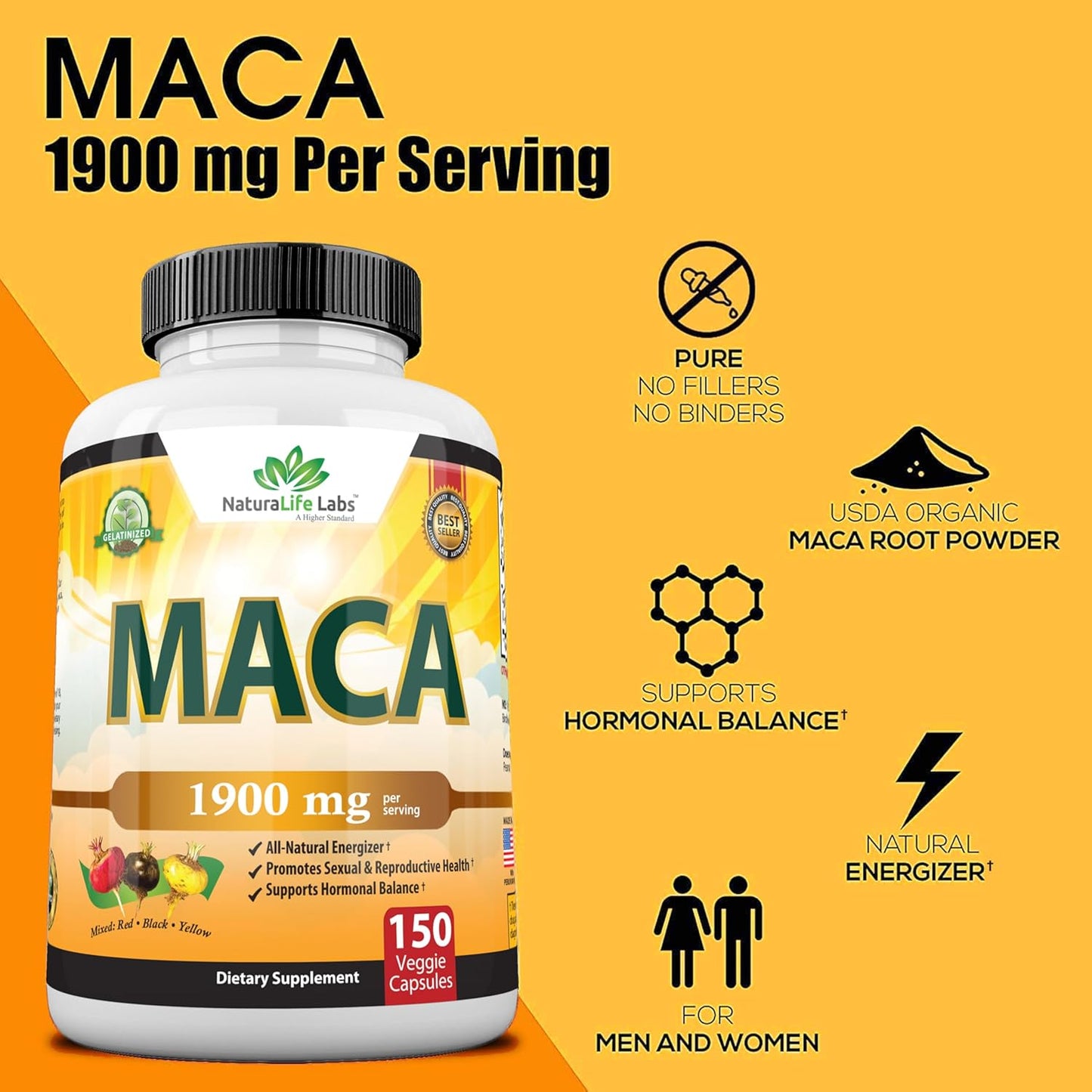 NaturaLife Labs Organic Maca Root 1900 MG per Serving - 150 Vegan Capsules 