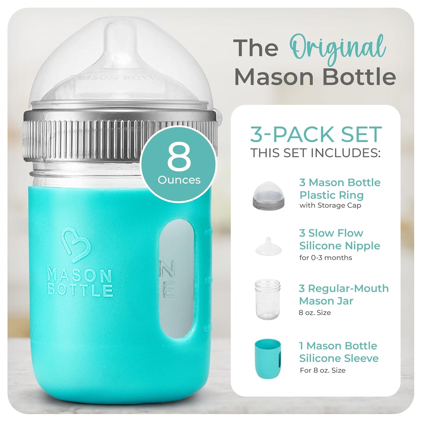 Mason Bottle Baby Glass Bottles Set 3X Cap+Ring, 1X Silicone Sleeve - BPA Free