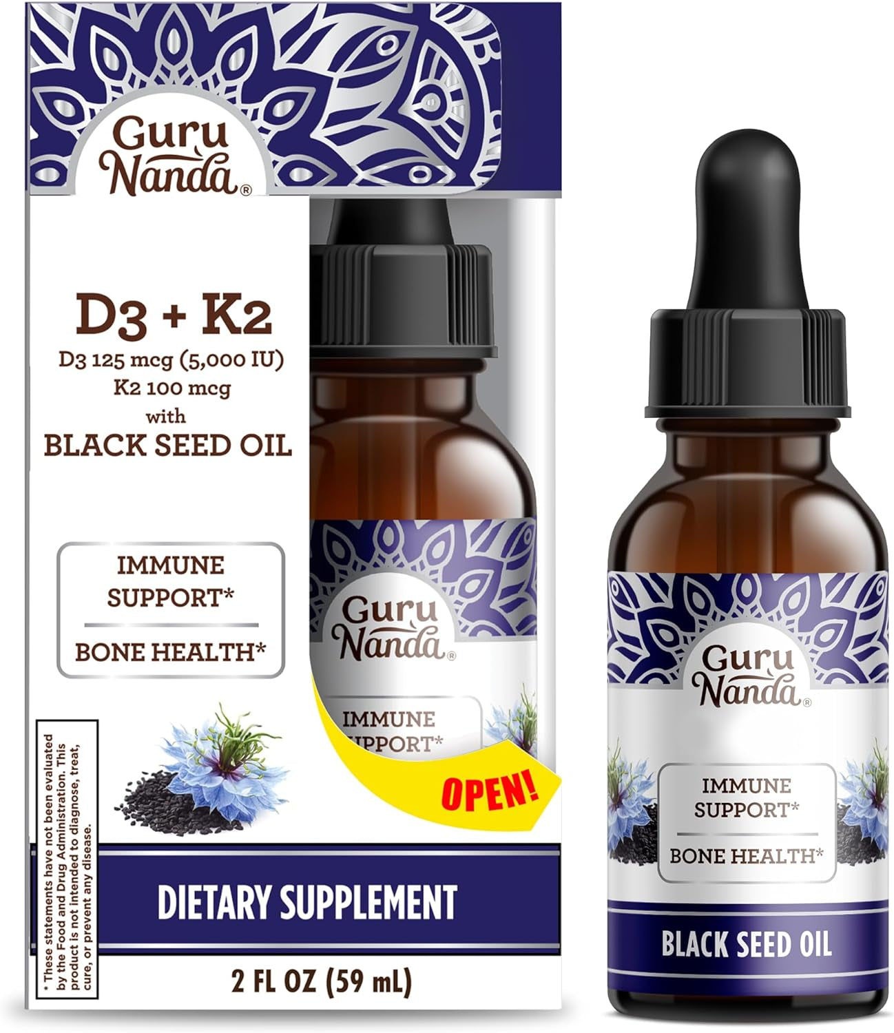 GuruNanda Black Seed Oil, Cold-Pressed Nigella Sativa - Rich in Vitamin D3 5000 Units, K2 & E