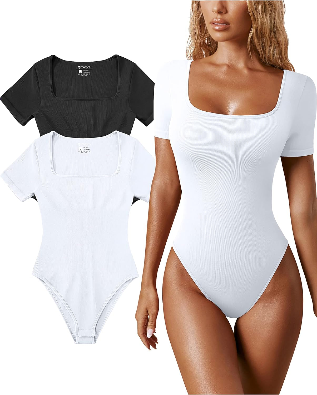 OQQ Women 2 Piece Bodysuits One Piece Square Neck Short Sleeve