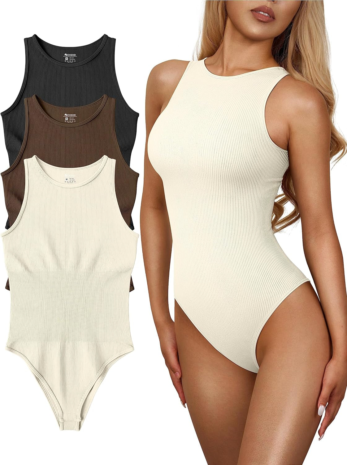 OQQ Women Medium 3 Piece Bodysuits Ribbed One Piece Sleeveless Halter Neck 