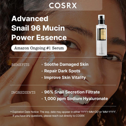 COSRX Snail Mucin 96% Power Repairing Essence 3.38 Fl.Oz 100Ml, Hydrating Serum