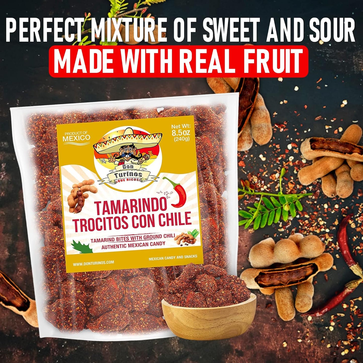 Tamarindo De Frutas Con Chile - Authentic Mexican Tamarind Candy with Chili, Sweet, Tangy and Spicy. Dulce De Tamarindo 16 Oz. by Don Turinos